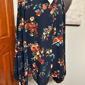 Elegant Floral V-Neck Blouse - Navy and Orange